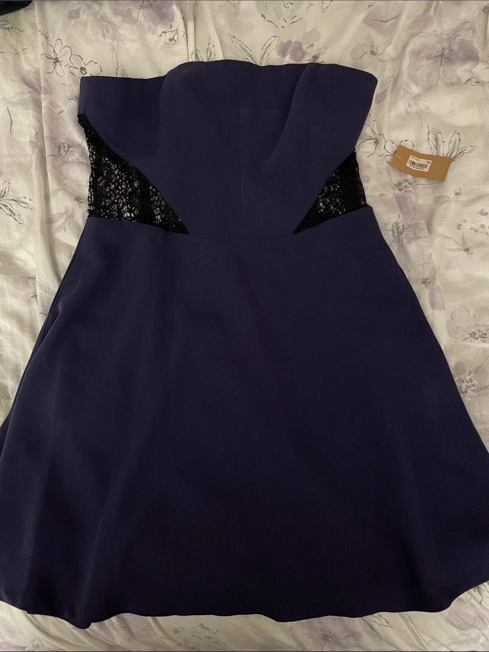 RACHEL Rachel Roy Navy Strapless Dress with Black Lace Insets